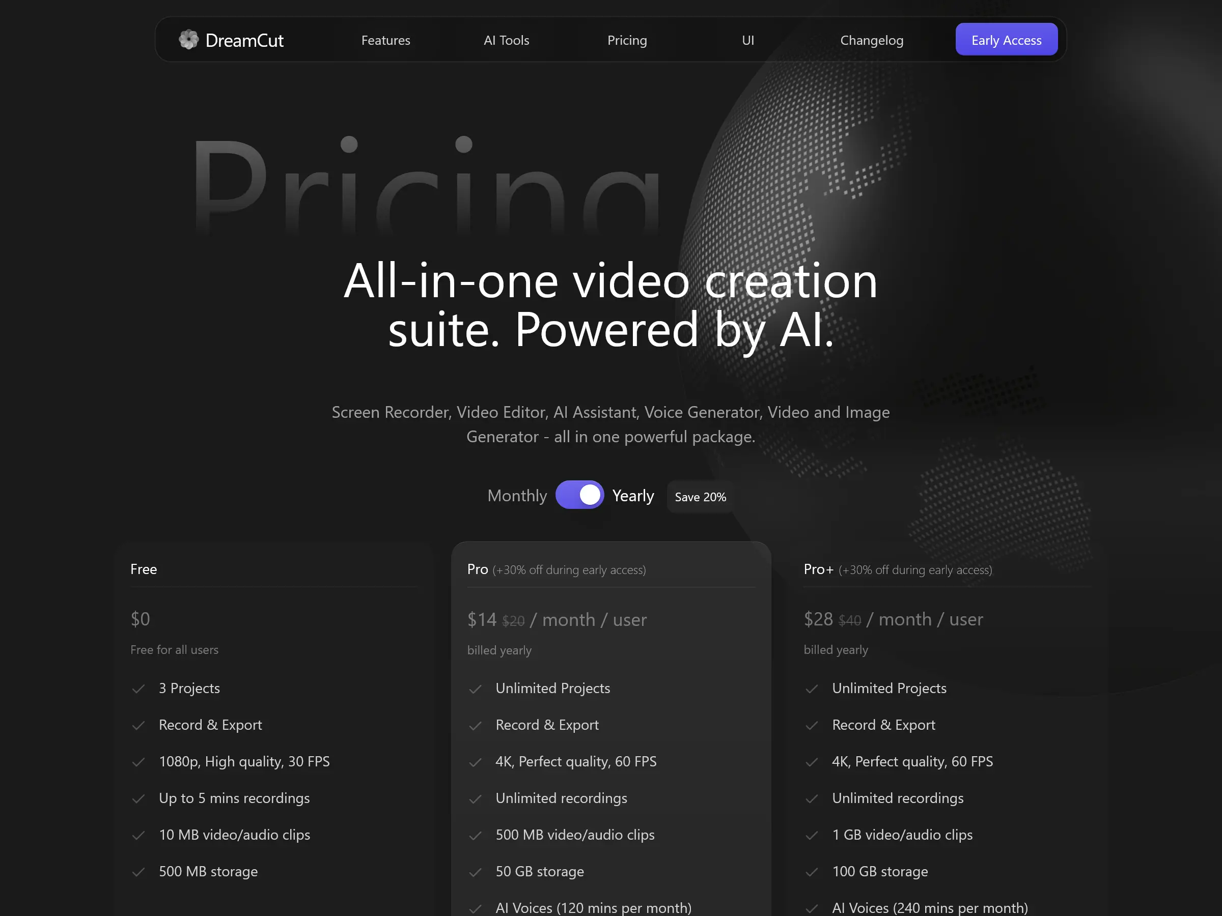 Screenshot of DreamCut Pricing Page