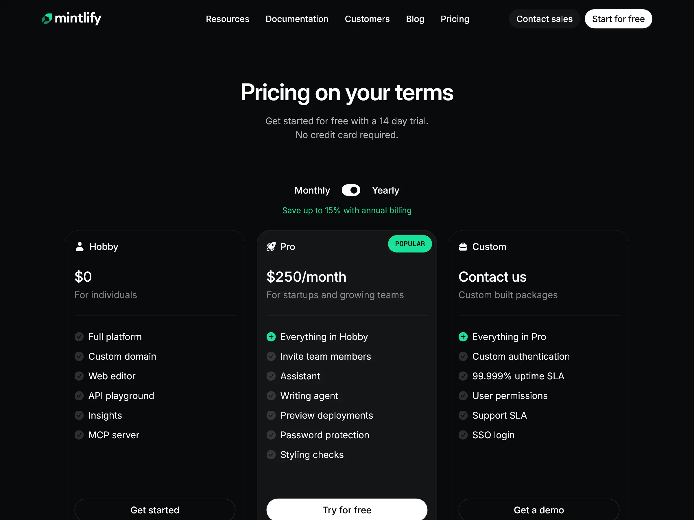 Screenshot of Mintlify Pricing Page