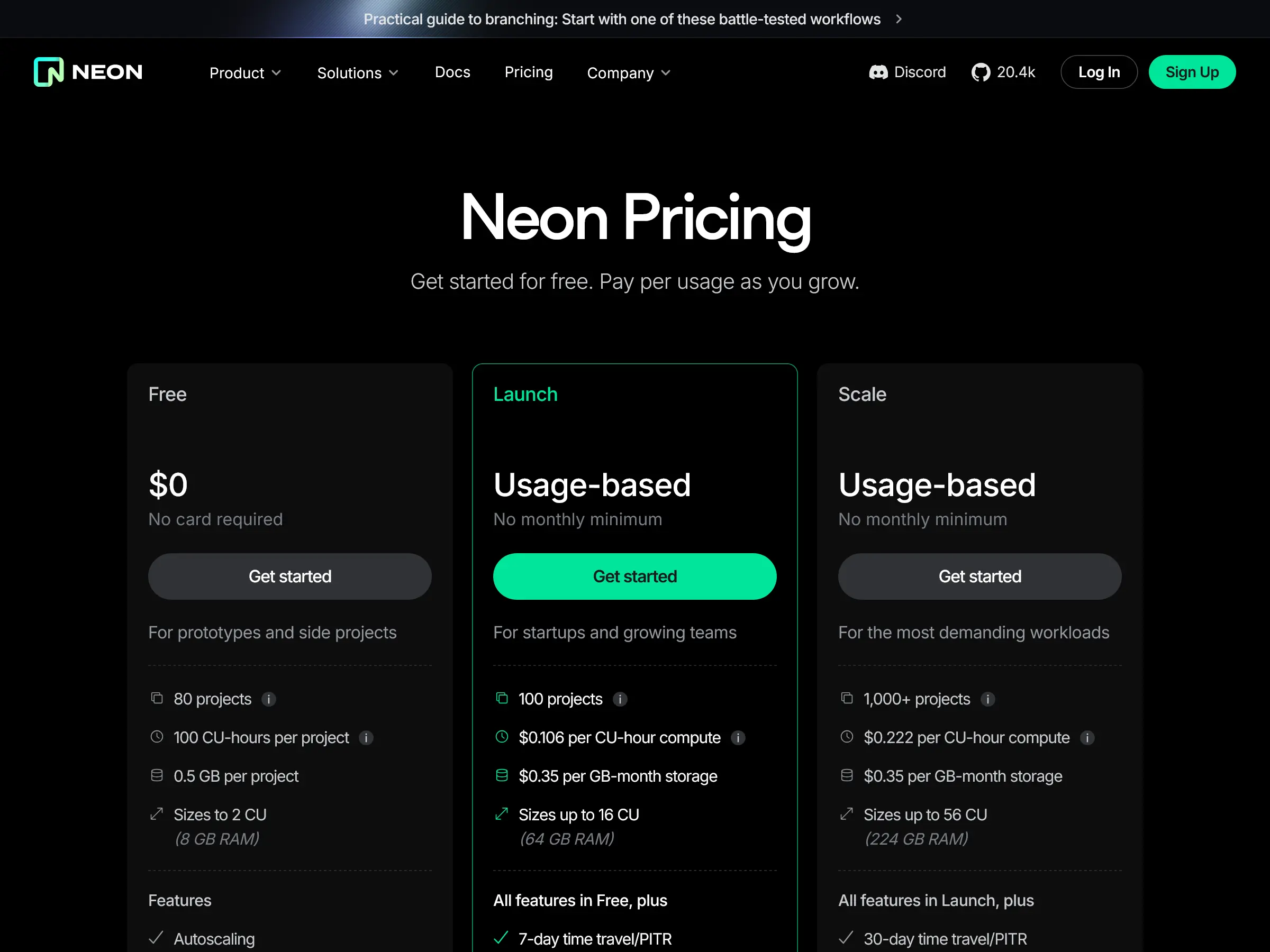 Screenshot of Neon Pricing Page